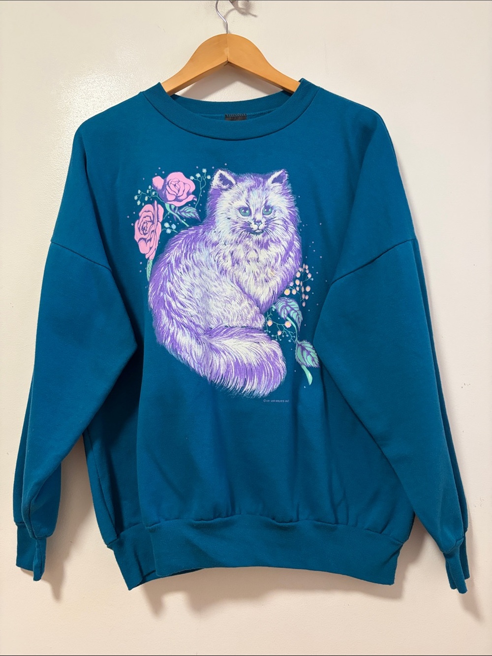 Vintage Sweatshirt Womens XL Teal Blue Purple Cat Fleece Made in Canada 90s